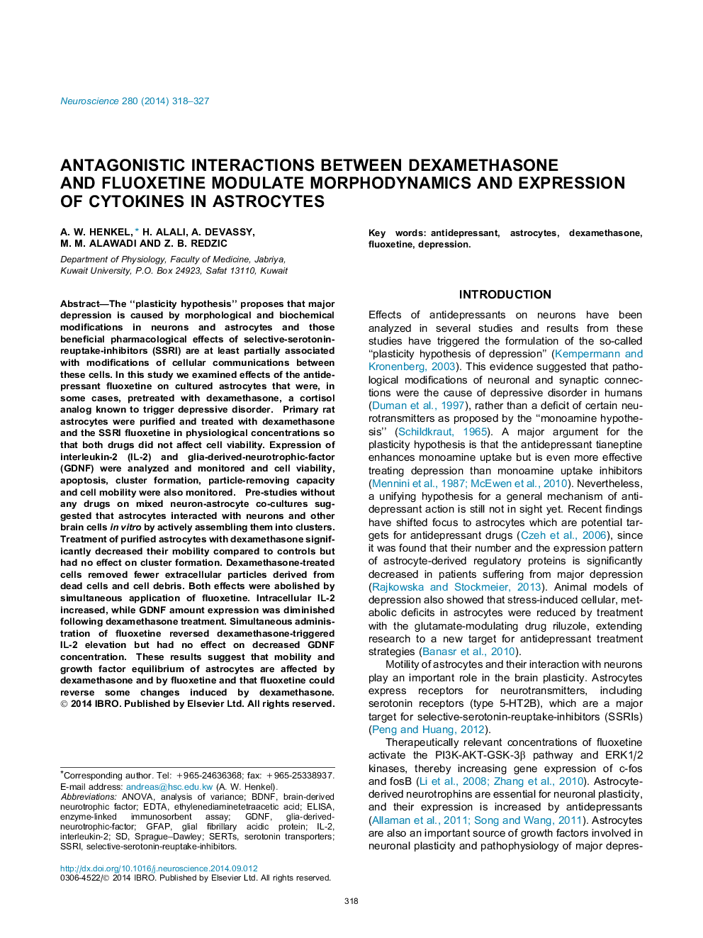 تعاملات آنتاگونیستی بین مورفودینامیک مدولاسیون دگزامتازون و فلوکستین و بیان سیتوکین ها در آستروسیت ها 