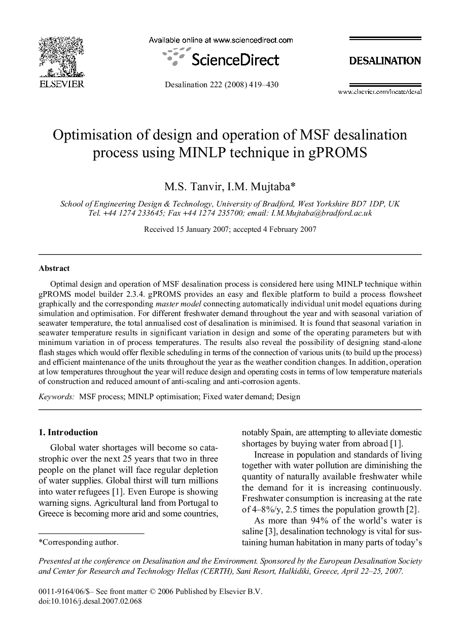 Optimisation of design and operation of MSF desalination process using MINLP technique in gPROMS