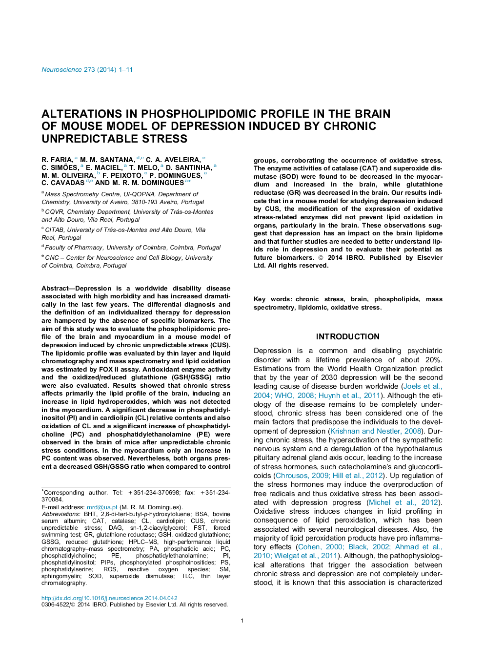 تغییرات در مشخصات فسفولیپیدمی در مغز مدل موشهای افسردگی ناشی از استرس غیر قابل پیش بینی مزمن 