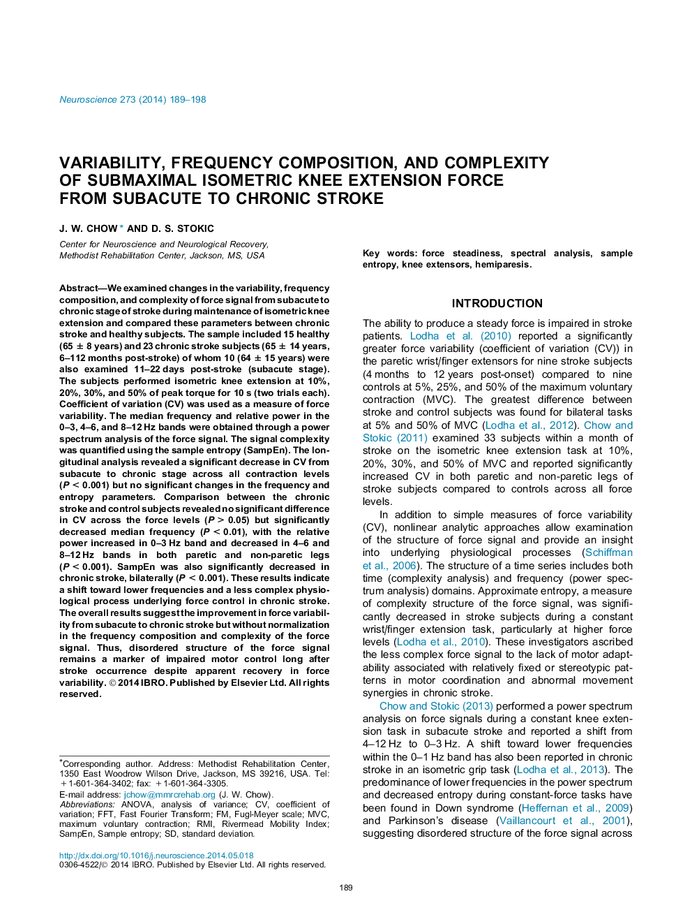 تنوع، ترکیب فرکانس و پیچیدگی نیروی پس از زانوی ایزومتریک از زیر سوزش به سکته مغزی مزمن 