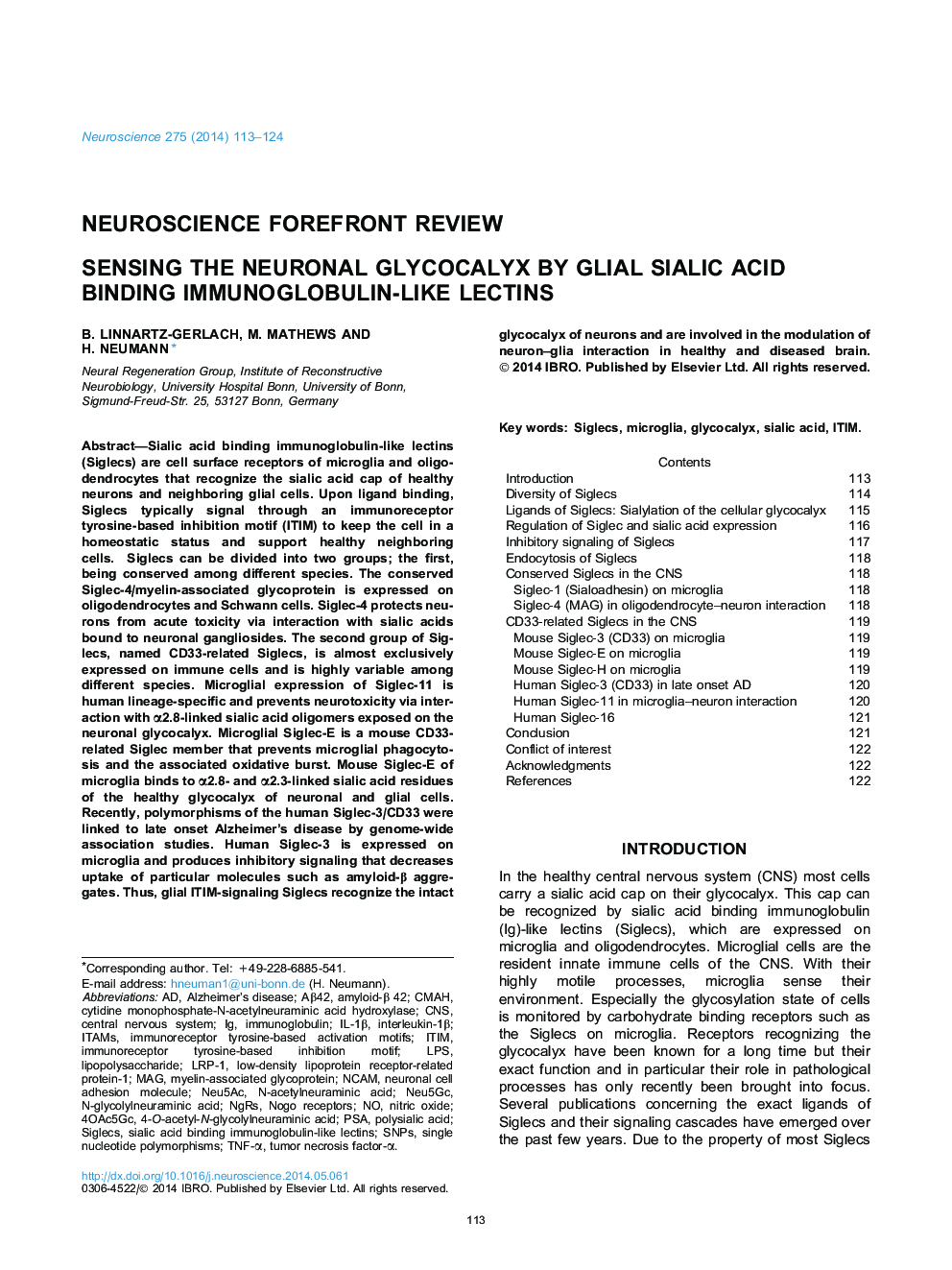 Neuroscience Forefront ReviewSensing the neuronal glycocalyx by glial sialic acid binding immunoglobulin-like lectins