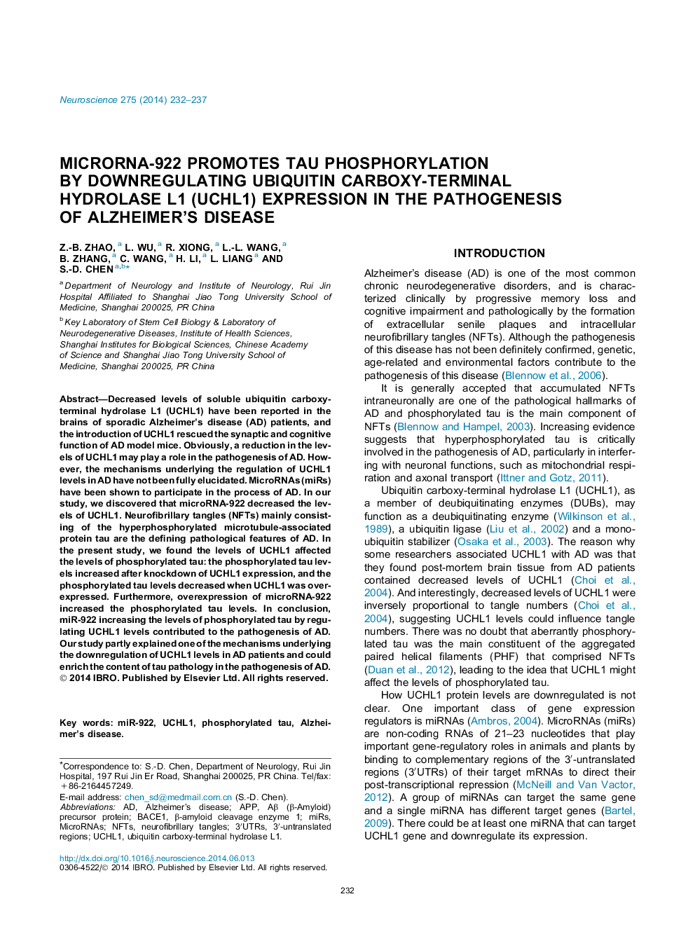 MicroRNA-922 promotes tau phosphorylation by downregulating ubiquitin carboxy-terminal hydrolase L1 (UCHL1) expression in the pathogenesis of Alzheimer's disease