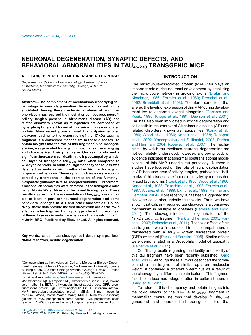 Neuronal degeneration, synaptic defects, and behavioral abnormalities in tau45-230 transgenic mice