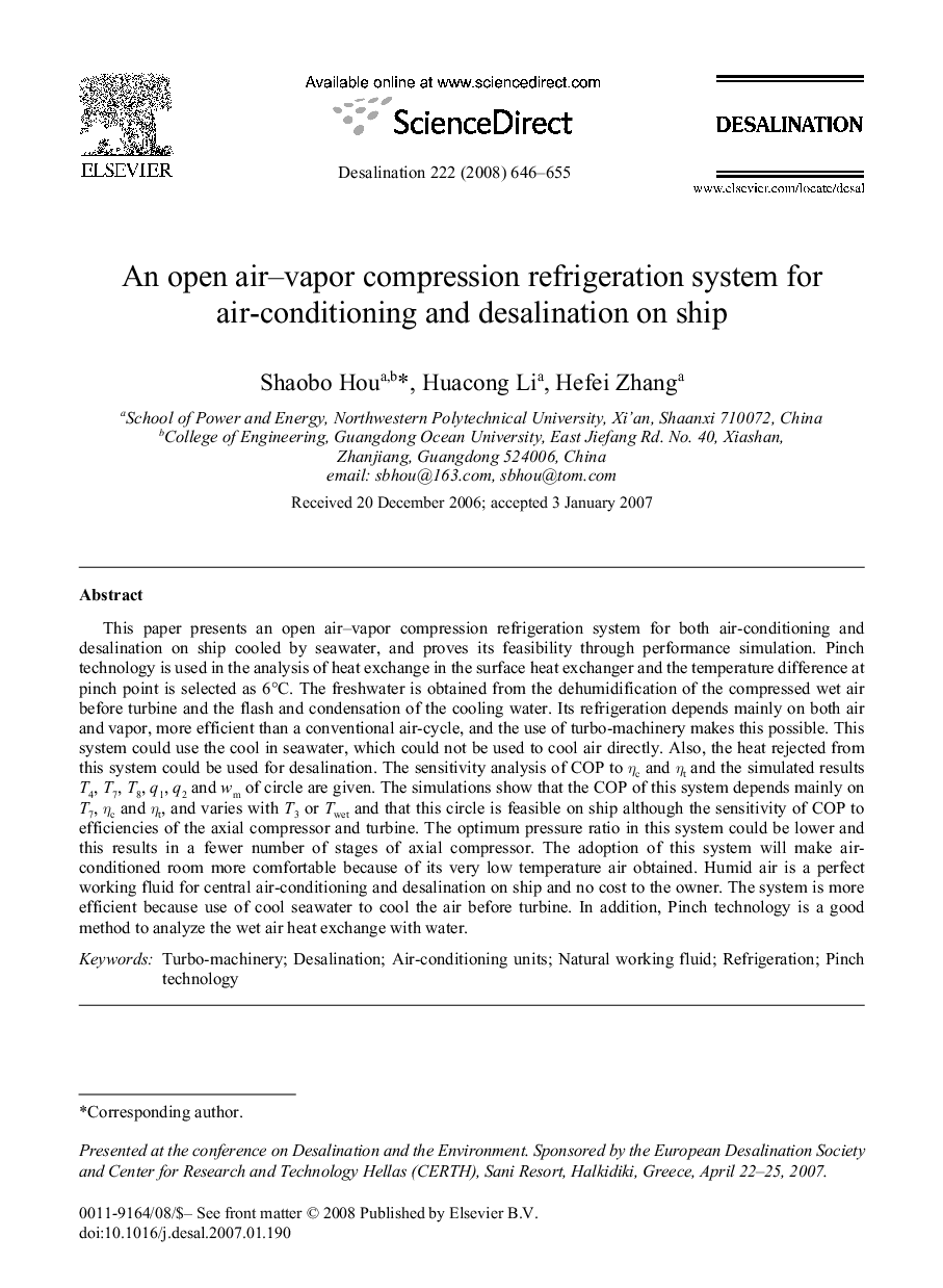 An open air-vapor compression refrigeration system for air-conditioning and desalination on ship