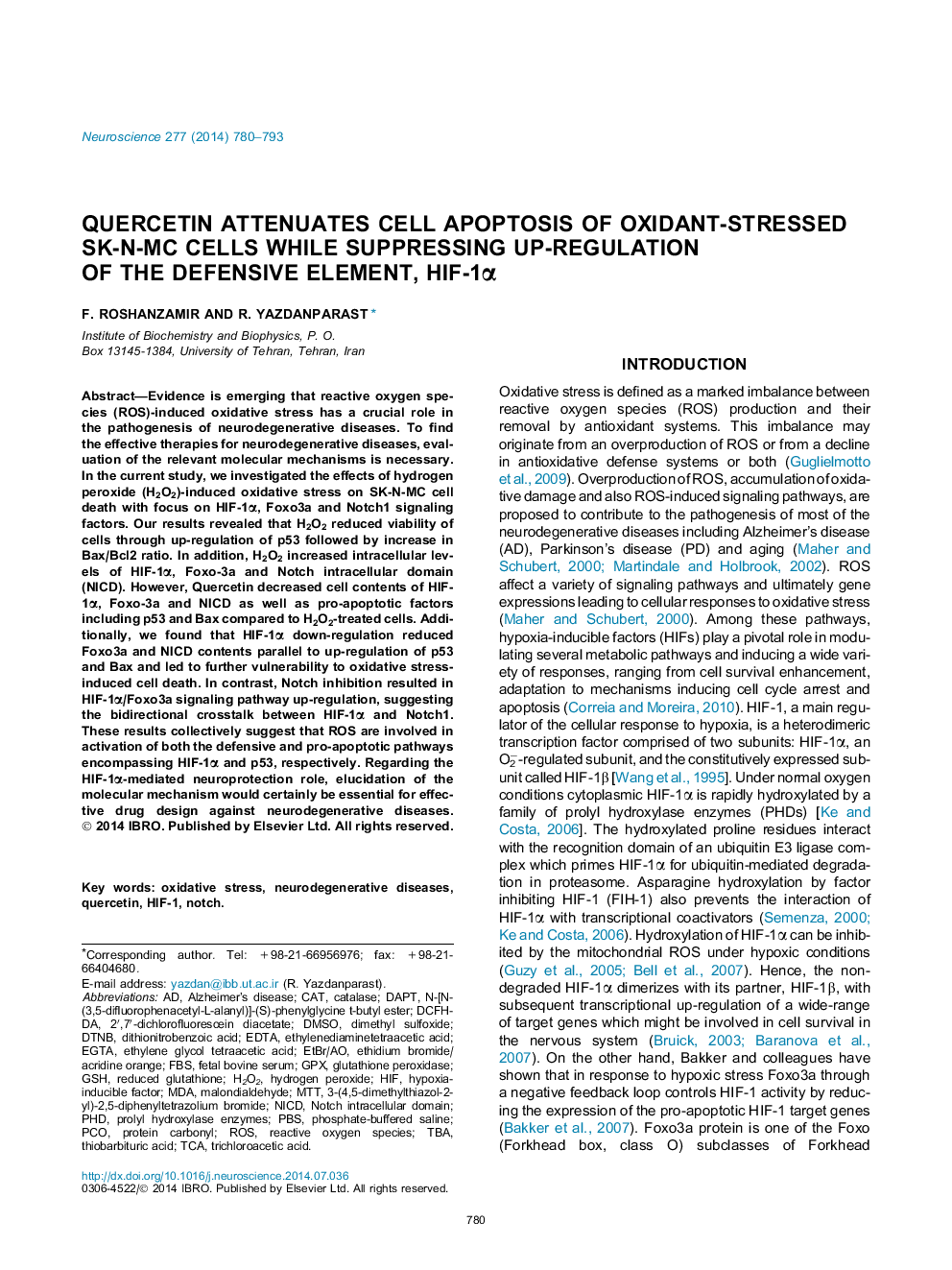 Quercetin attenuates cell apoptosis of oxidant-stressed SK-N-MC cells while suppressing up-regulation of the defensive element, HIF-1Î±