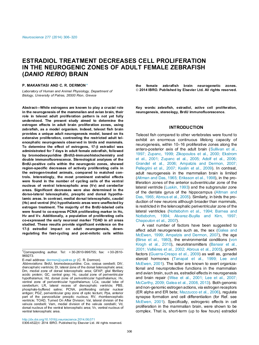 Estradiol treatment decreases cell proliferation in the neurogenic zones of adult female zebrafish (Danio rerio) brain