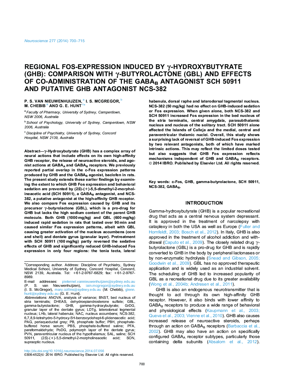 Regional Fos-expression induced by Î³-hydroxybutyrate (GHB): Comparison with Î³-butyrolactone (GBL) and effects of co-administration of the GABAB antagonist SCH 50911 and putative GHB antagonist NCS-382