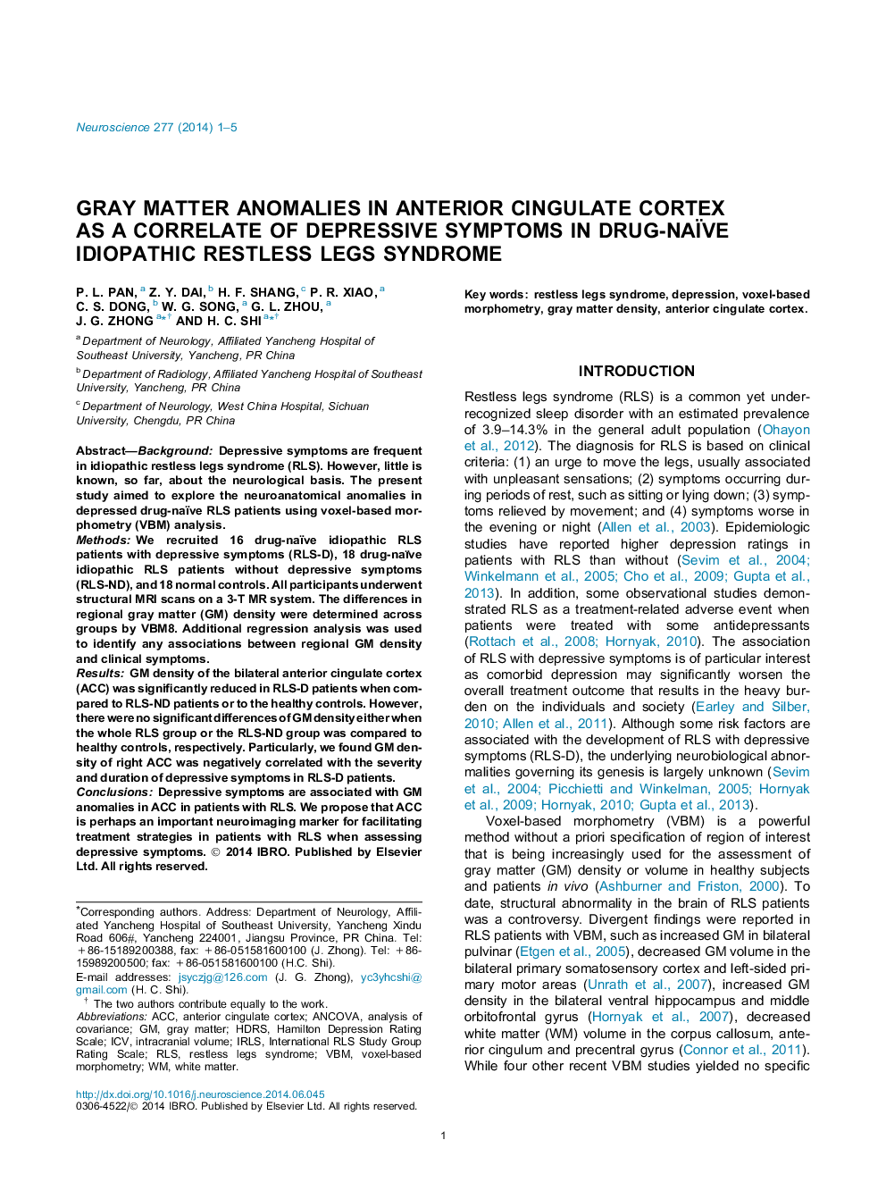 Gray matter anomalies in anterior cingulate cortex as a correlate of depressive symptoms in drug-naïve idiopathic restless legs syndrome
