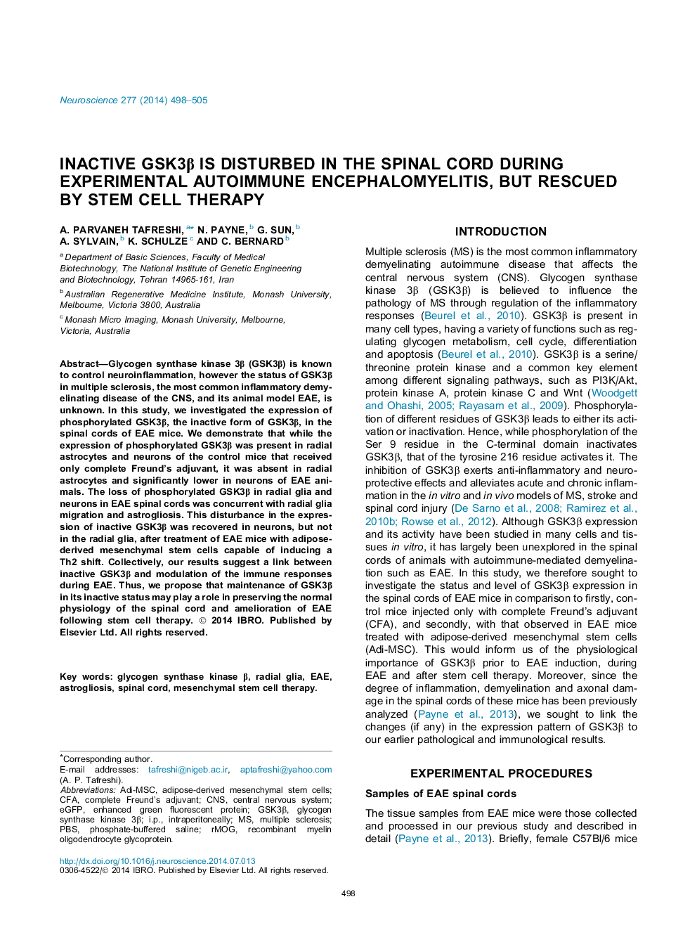 Inactive GSK3Î² is disturbed in the spinal cord during experimental autoimmune encephalomyelitis, but rescued by stem cell therapy