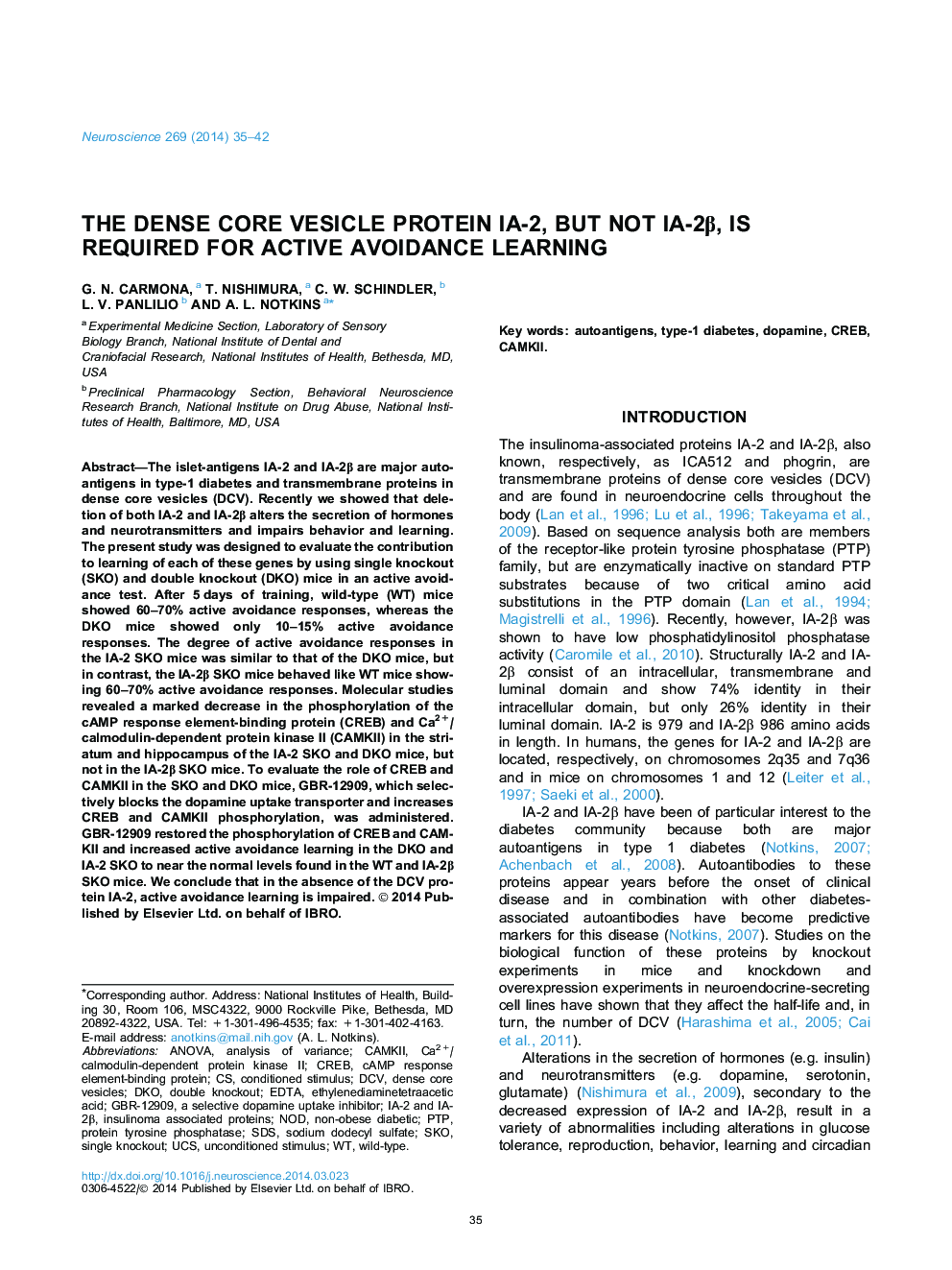 The dense core vesicle protein IA-2, but not IA-2Î², is required for active avoidance learning