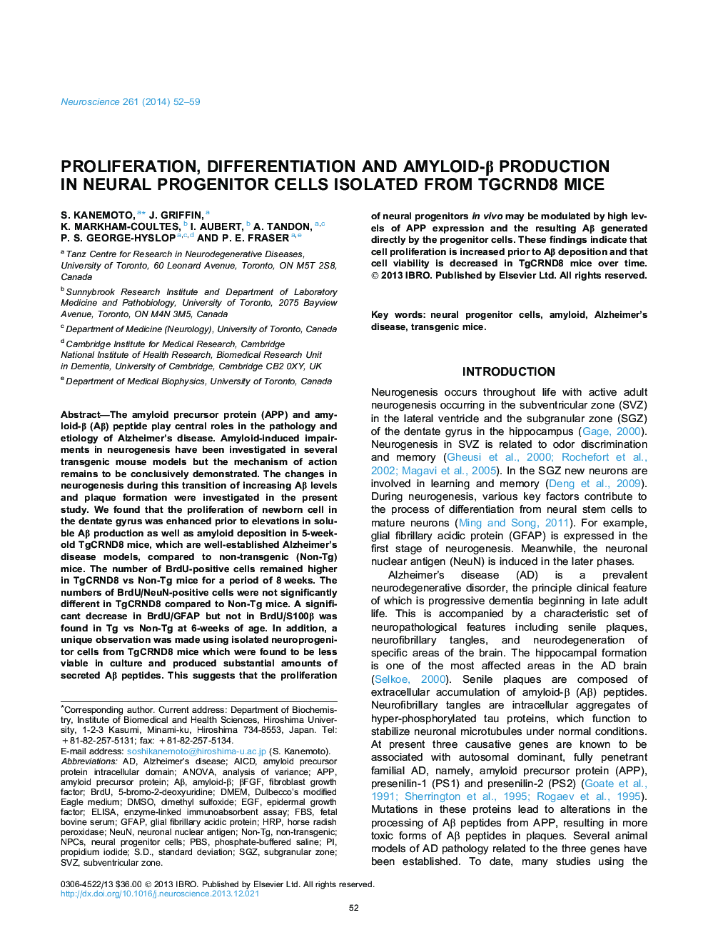 Proliferation, differentiation and amyloid-Î² production in neural progenitor cells isolated from TgCRND8 mice