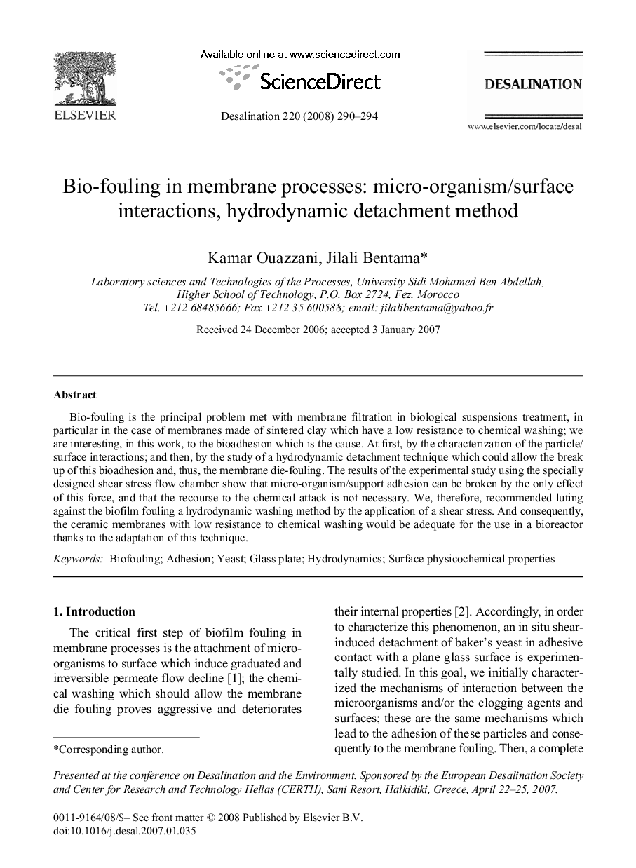 Bio-fouling in membrane processes: micro-organism/surface interactions, hydrodynamic detachment method