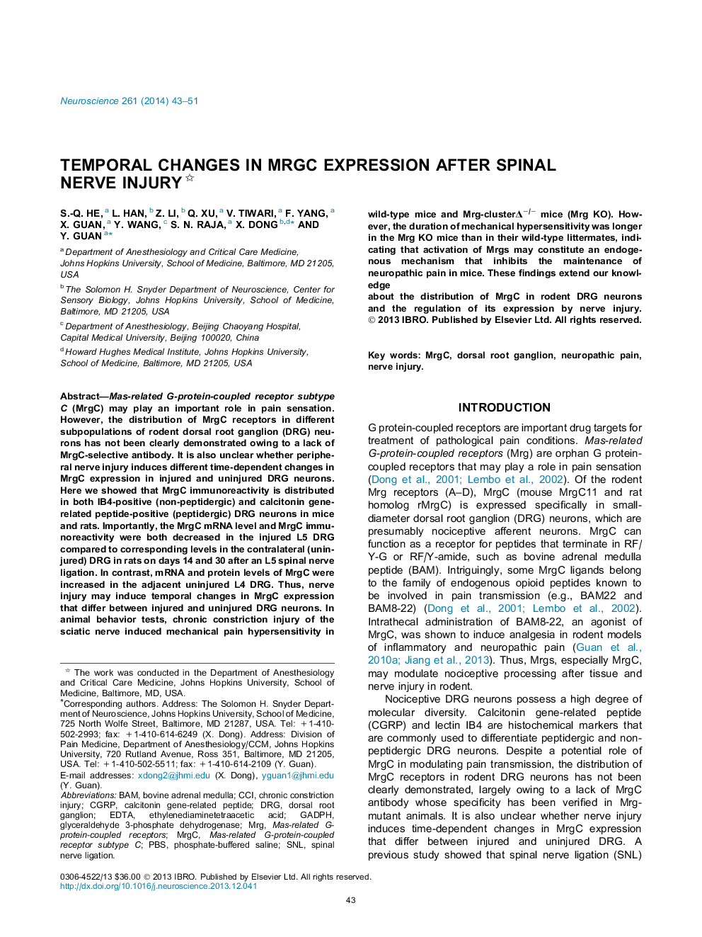 Temporal changes in MrgC expression after spinal nerve injury