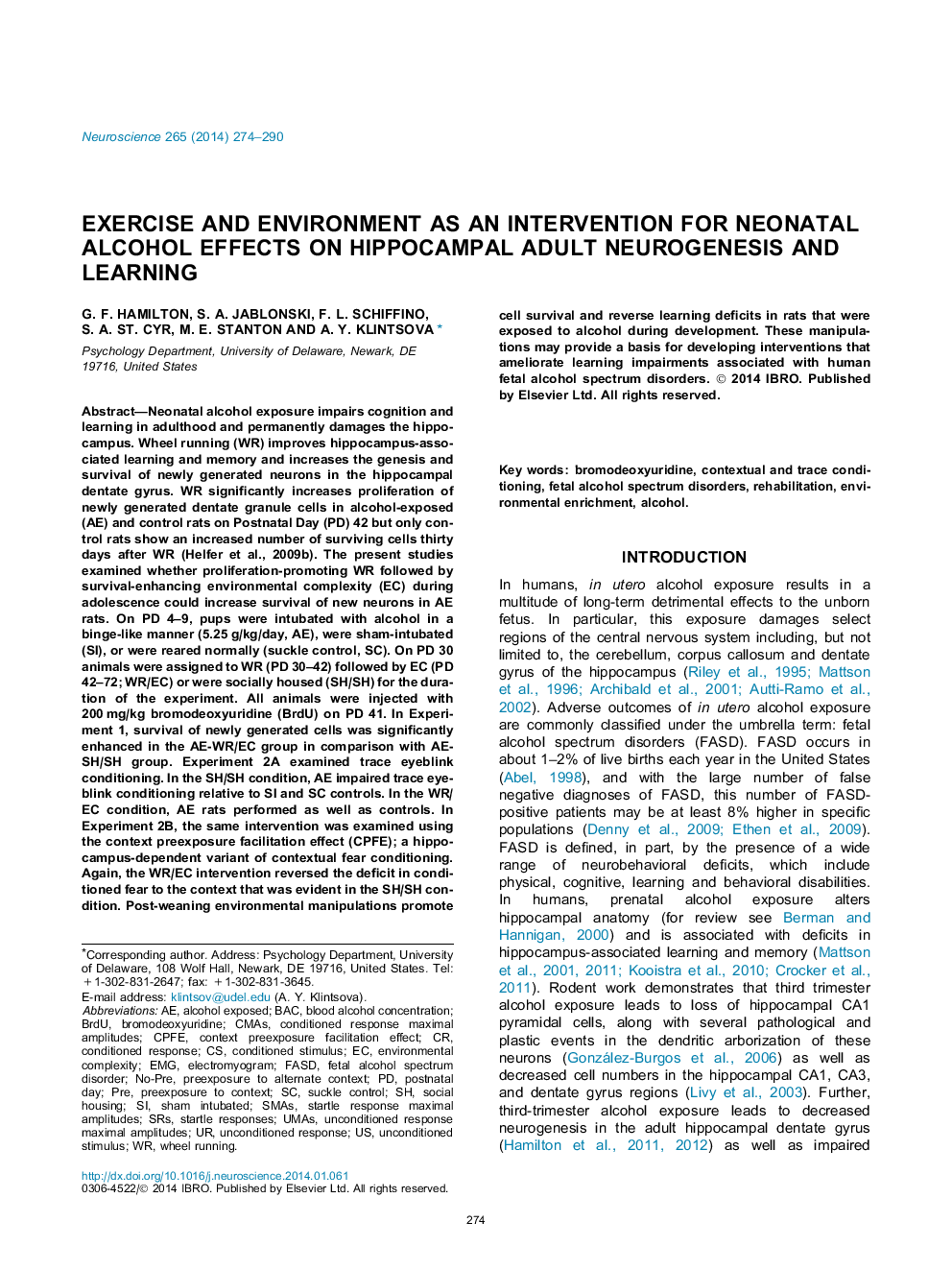 ورزش و محیط زیست به عنوان یک مداخله برای اثرات الکل نوزادان در نوروژنز بزرگسالان هیپوکامپ و یادگیری 