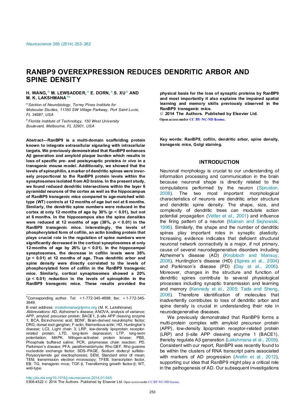 RanBP9 overexpression reduces dendritic arbor and spine density