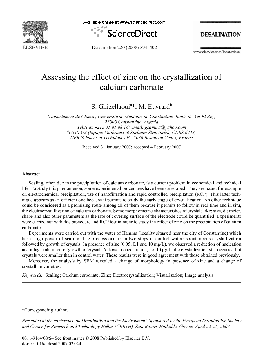 Assessing the effect of zinc on the crystallization of calcium carbonate