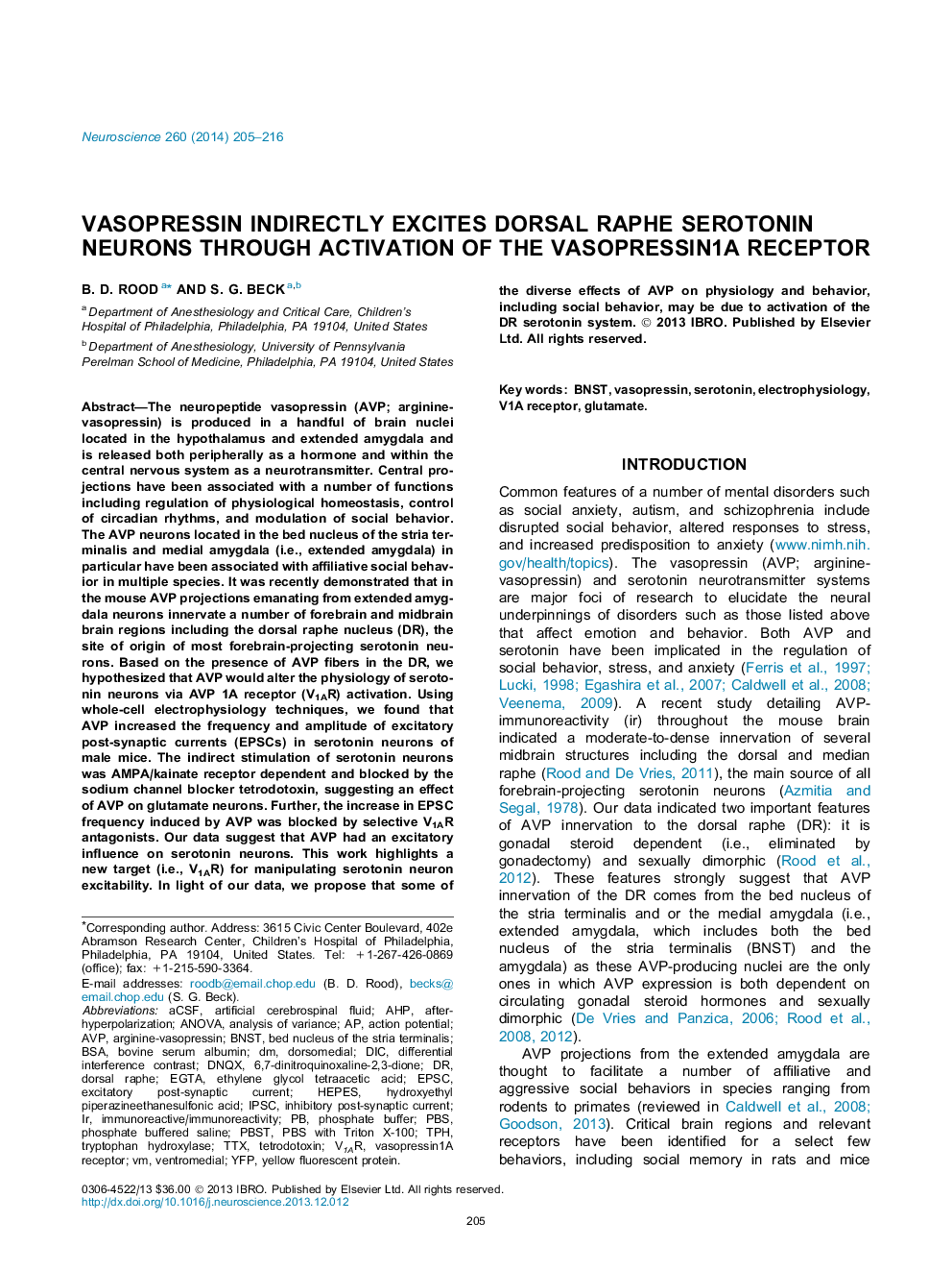 Vasopressin indirectly excites dorsal raphe serotonin neurons through activation of the vasopressin1A receptor