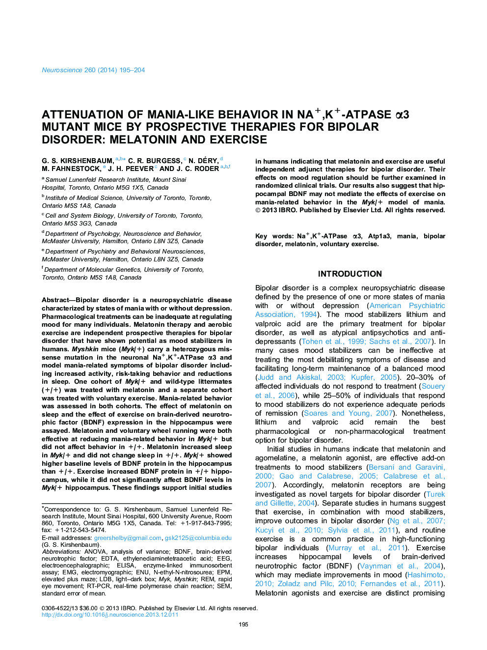 Attenuation of mania-like behavior in Na+,K+-ATPase Î±3 mutant mice by prospective therapies for bipolar disorder: Melatonin and exercise