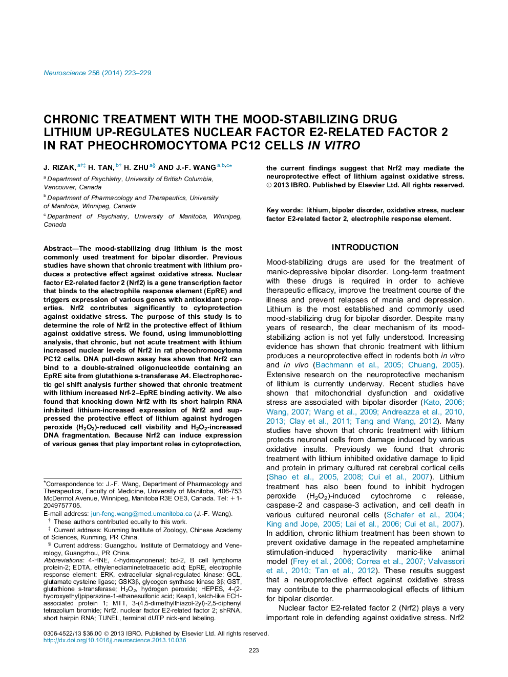 Chronic treatment with the mood-stabilizing drug lithium up-regulates nuclear factor E2-related factor 2 in rat pheochromocytoma PC12 cells in vitro