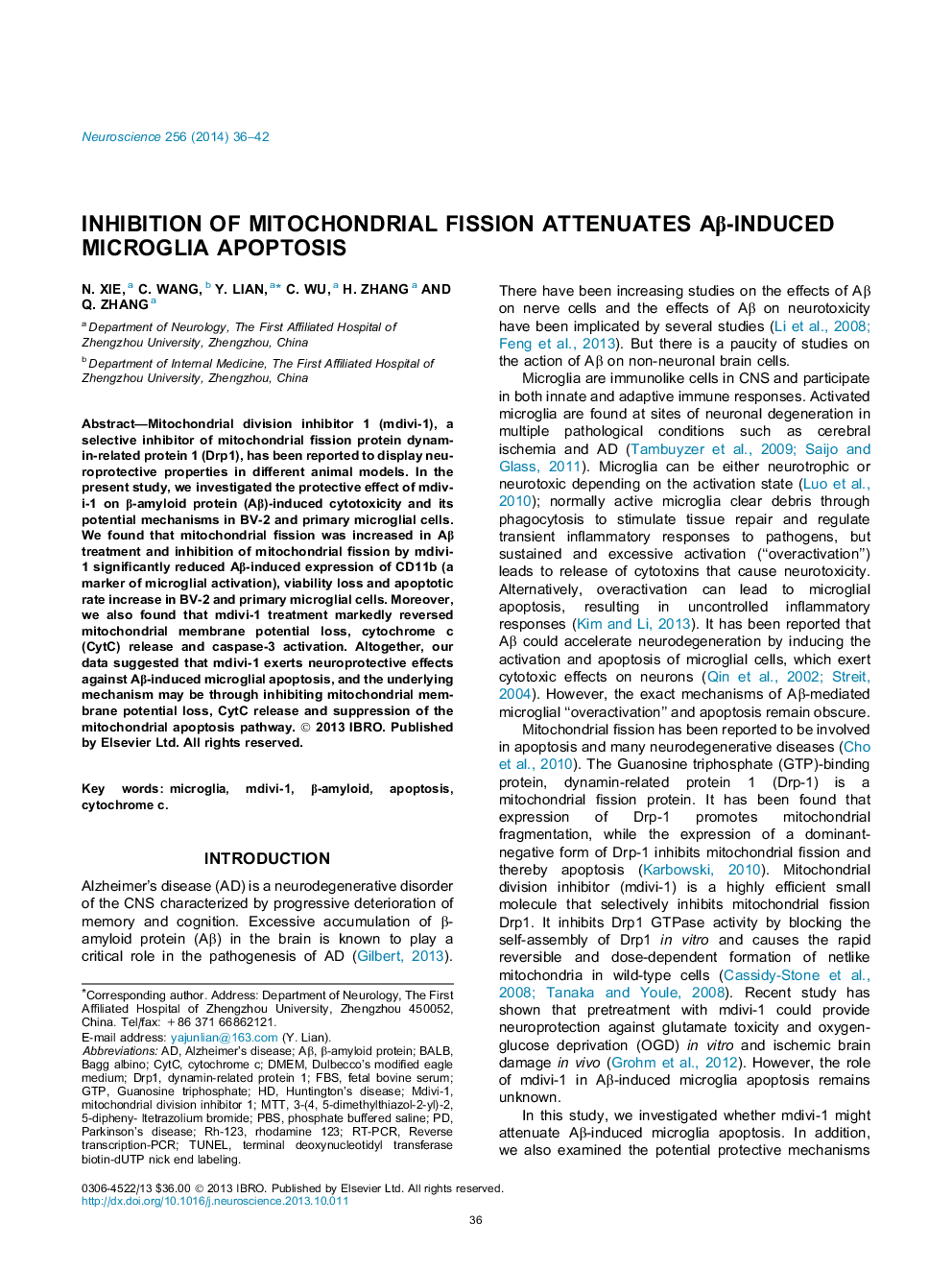 Inhibition of mitochondrial fission attenuates AÎ²-induced microglia apoptosis