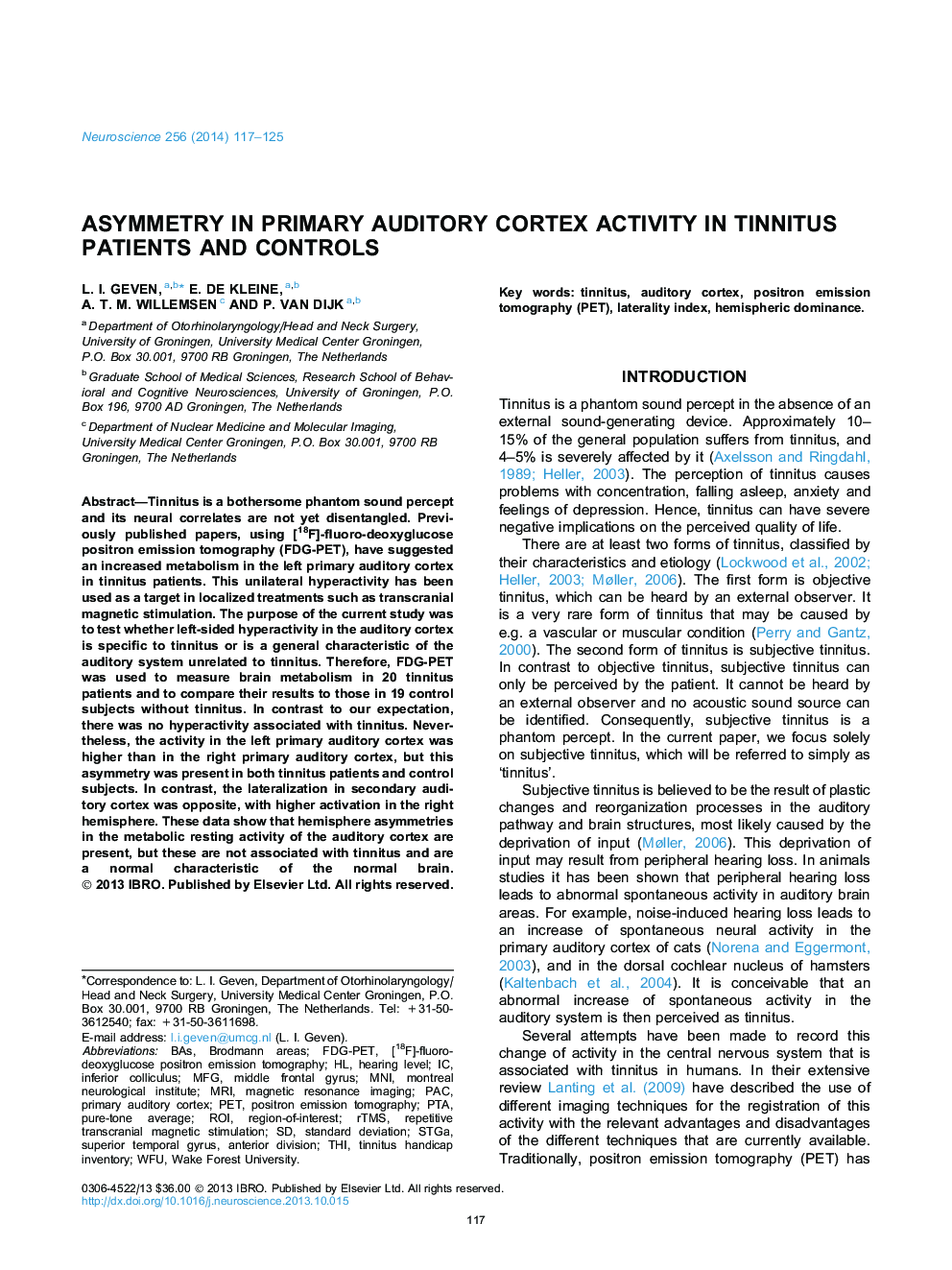 Asymmetry in primary auditory cortex activity in tinnitus patients and controls