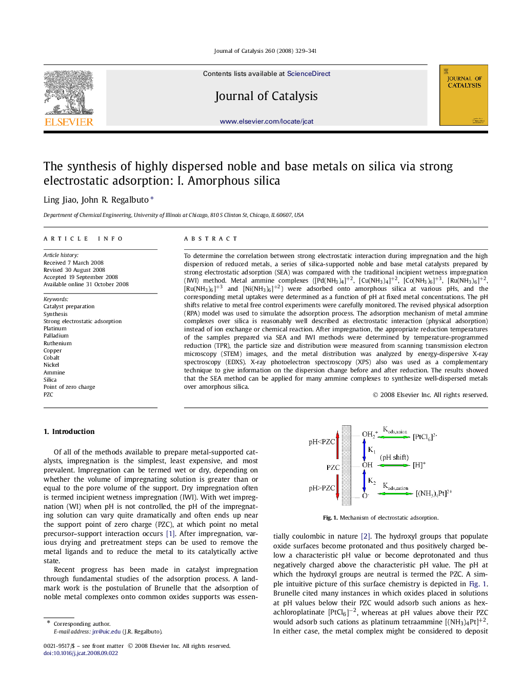 The synthesis of highly dispersed noble and base metals on silica via strong electrostatic adsorption: I. Amorphous silica