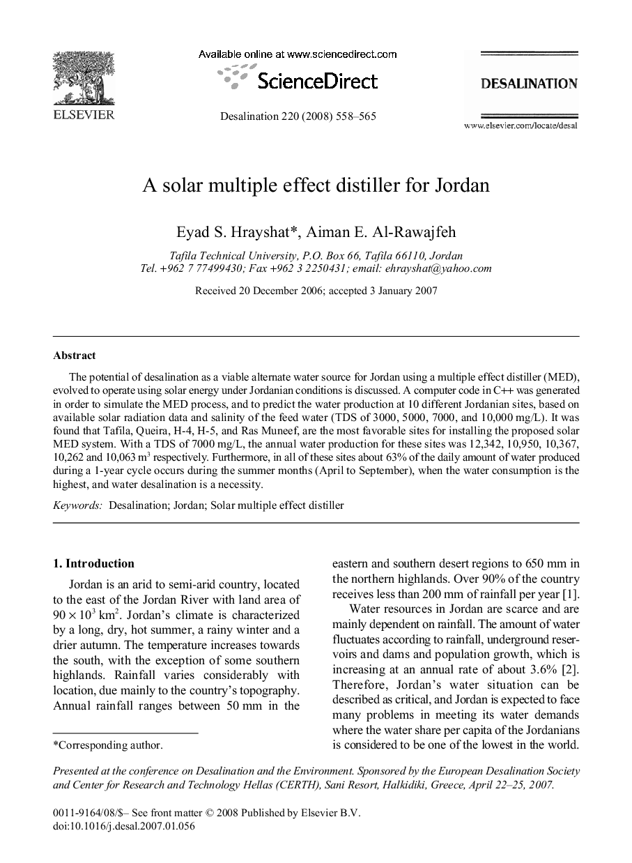 A solar multiple effect distiller for Jordan