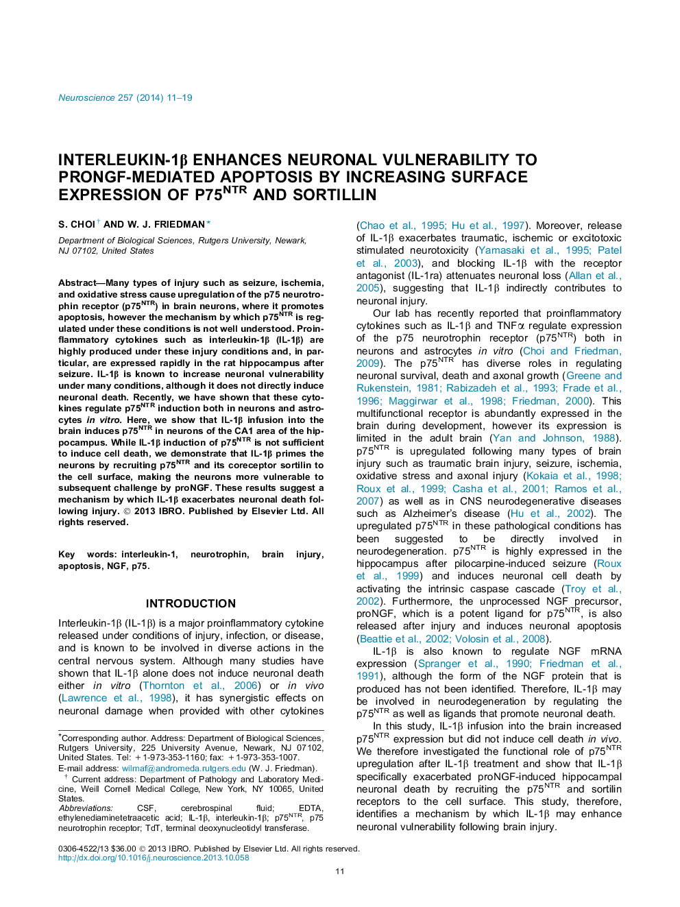 Interleukin-1Î² enhances neuronal vulnerability to proNGF-mediated apoptosis by increasing surface expression of p75NTR and sortillin