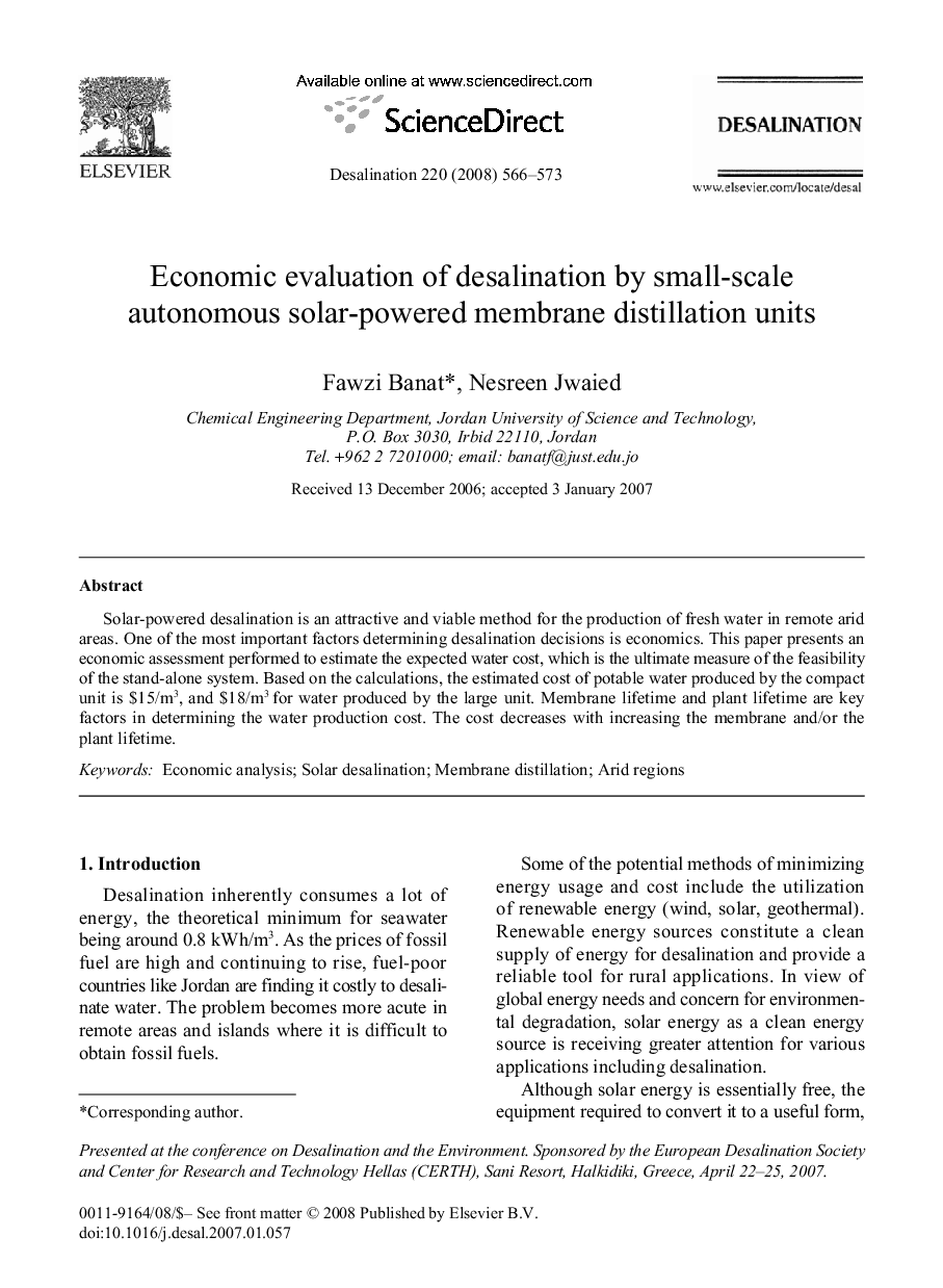 Economic evaluation of desalination by small-scale autonomous solar-powered membrane distillation units