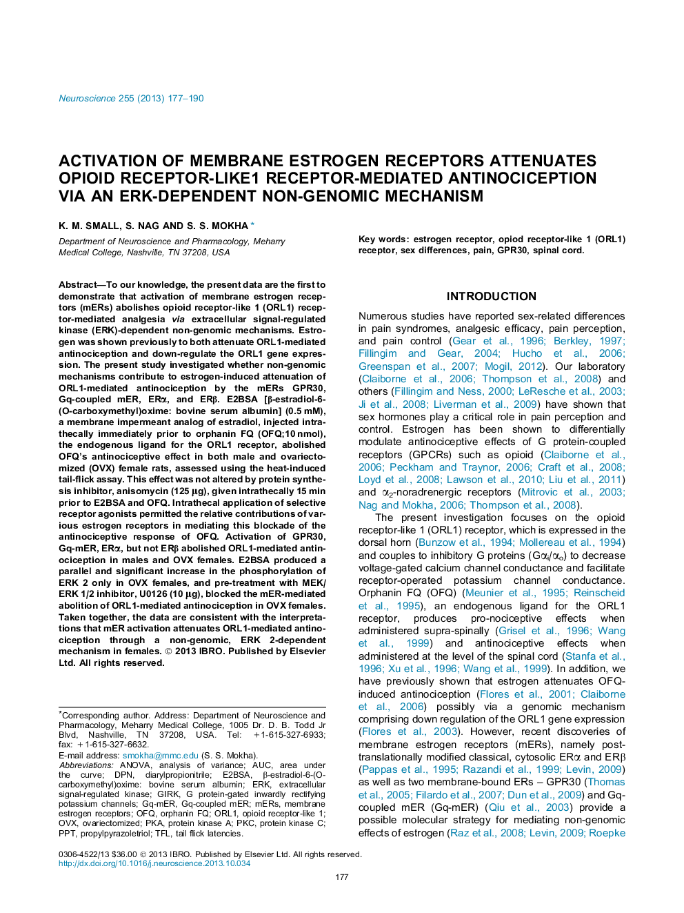 Activation of membrane estrogen receptors attenuates opioid receptor-like1 receptor-mediated antinociception via an ERK-dependent non-genomic mechanism