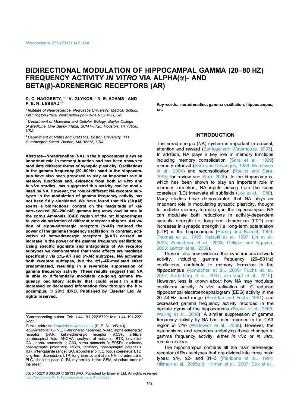 Bidirectional modulation of hippocampal gamma (20-80Â Hz) frequency activity in vitro via alpha(Î±)- and beta(Î²)-adrenergic receptors (AR)