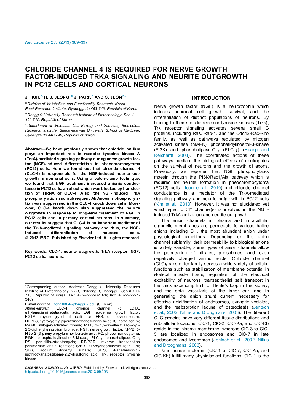 Chloride channel 4 is required for nerve growth factor-induced TrkA signaling and neurite outgrowth in PC12 cells and cortical neurons