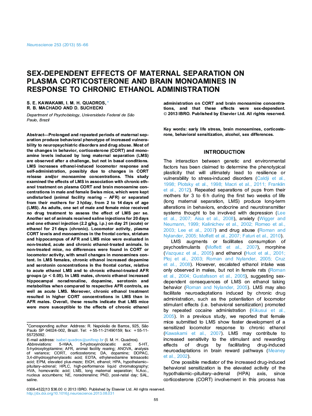 Sex-dependent effects of maternal separation on plasma corticosterone and brain monoamines in response to chronic ethanol administration