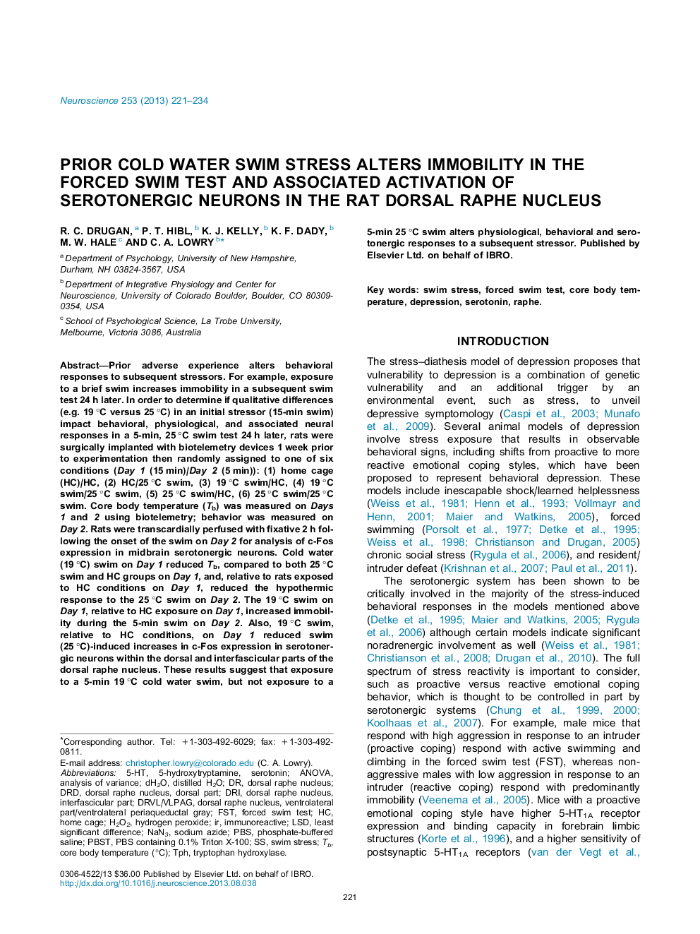 Prior cold water swim stress alters immobility in the forced swim test and associated activation of serotonergic neurons in the rat dorsal raphe nucleus