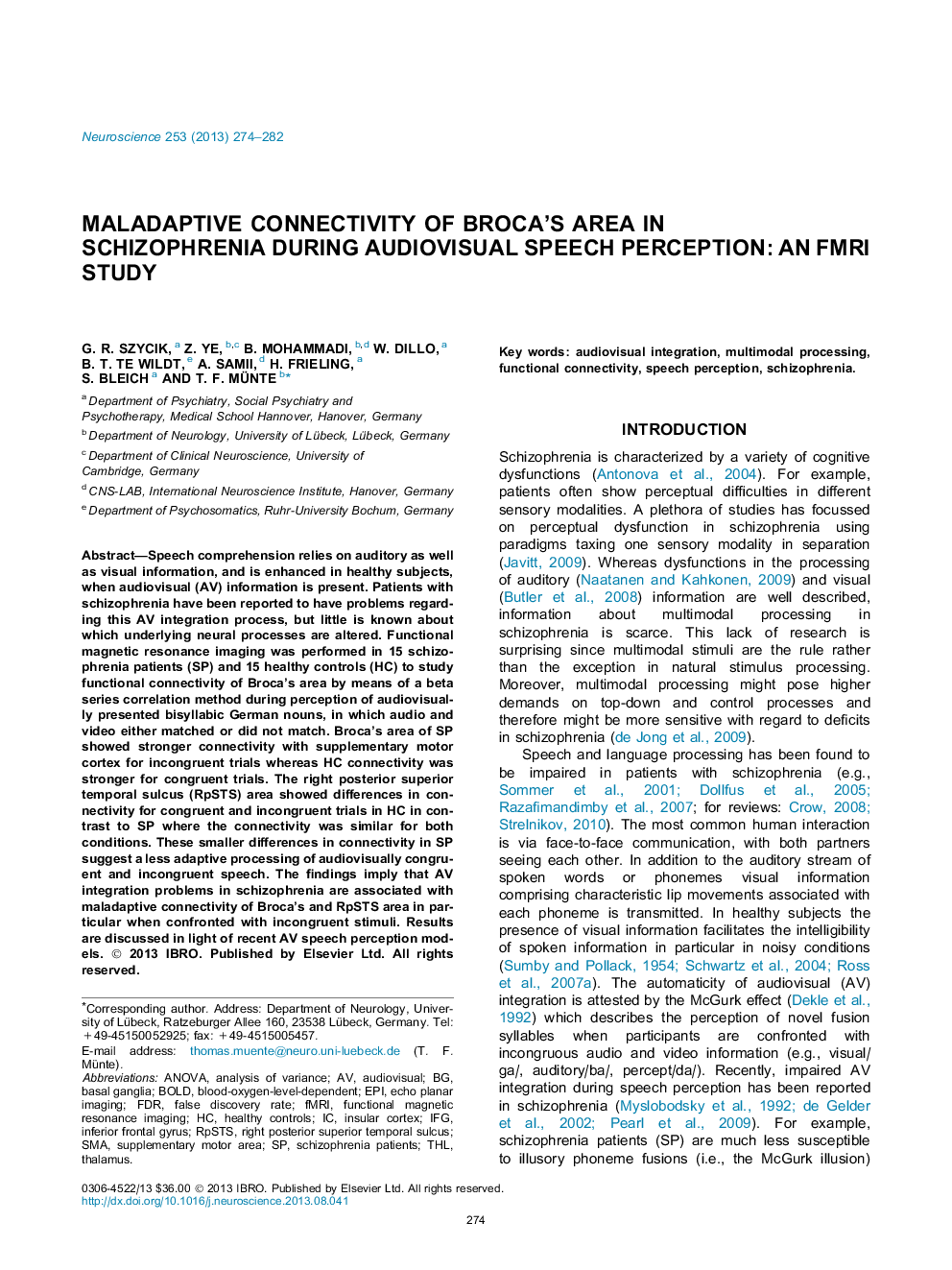 Maladaptive connectivity of Broca's area in schizophrenia during audiovisual speech perception: An fMRI study