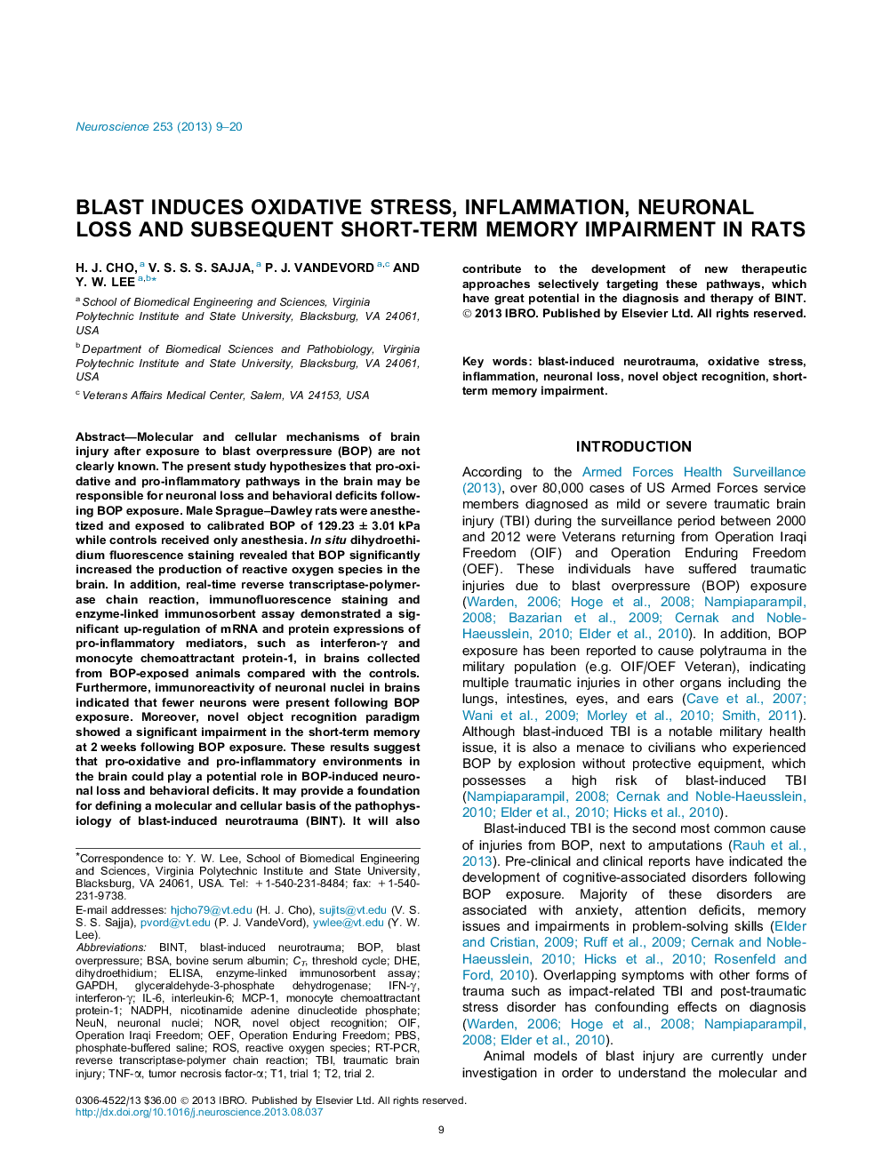 انفجار موجب استرس اکسیداتیو، التهاب، از دست دادن نورون و نقص حافظه کوتاه مدت در موش صحرایی 