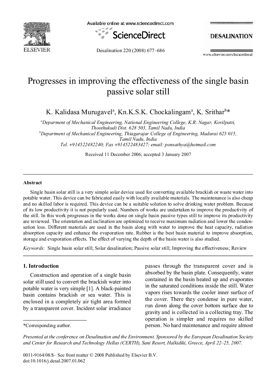 Progresses in improving the effectiveness of the single basin passive solar still