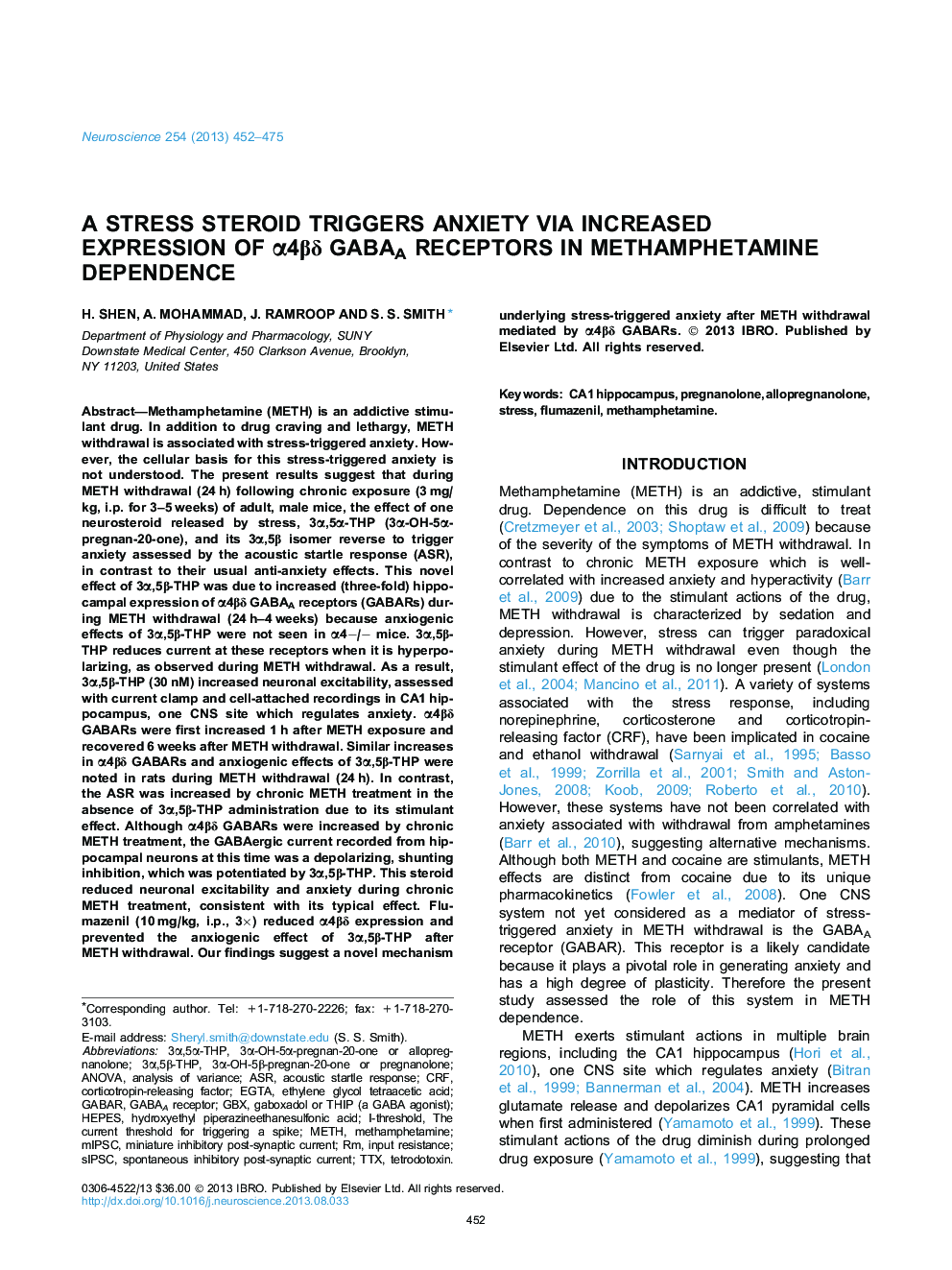 A stress steroid triggers anxiety via increased expression of Î±4Î²Î´ GABAA receptors in methamphetamine dependence