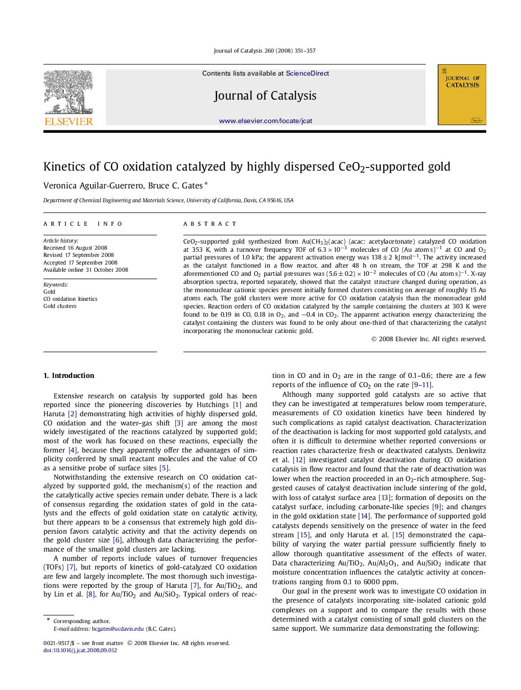 Kinetics of CO oxidation catalyzed by highly dispersed CeO2-supported gold