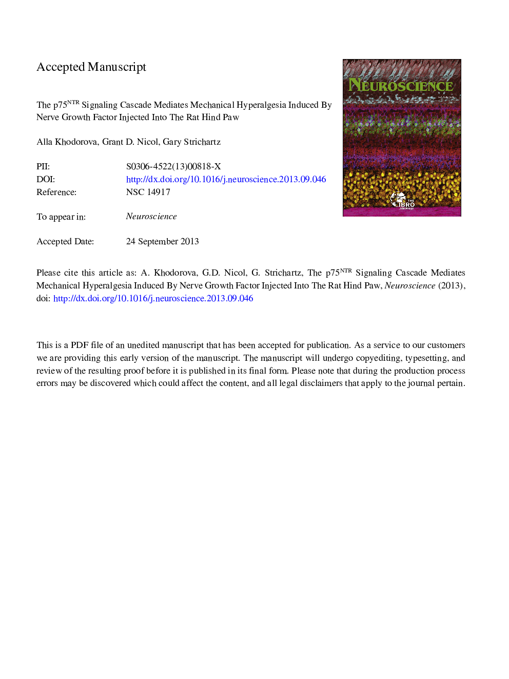 The p75NTR signaling cascade mediates mechanical hyperalgesia induced by nerve growth factor injected into the rat hind paw