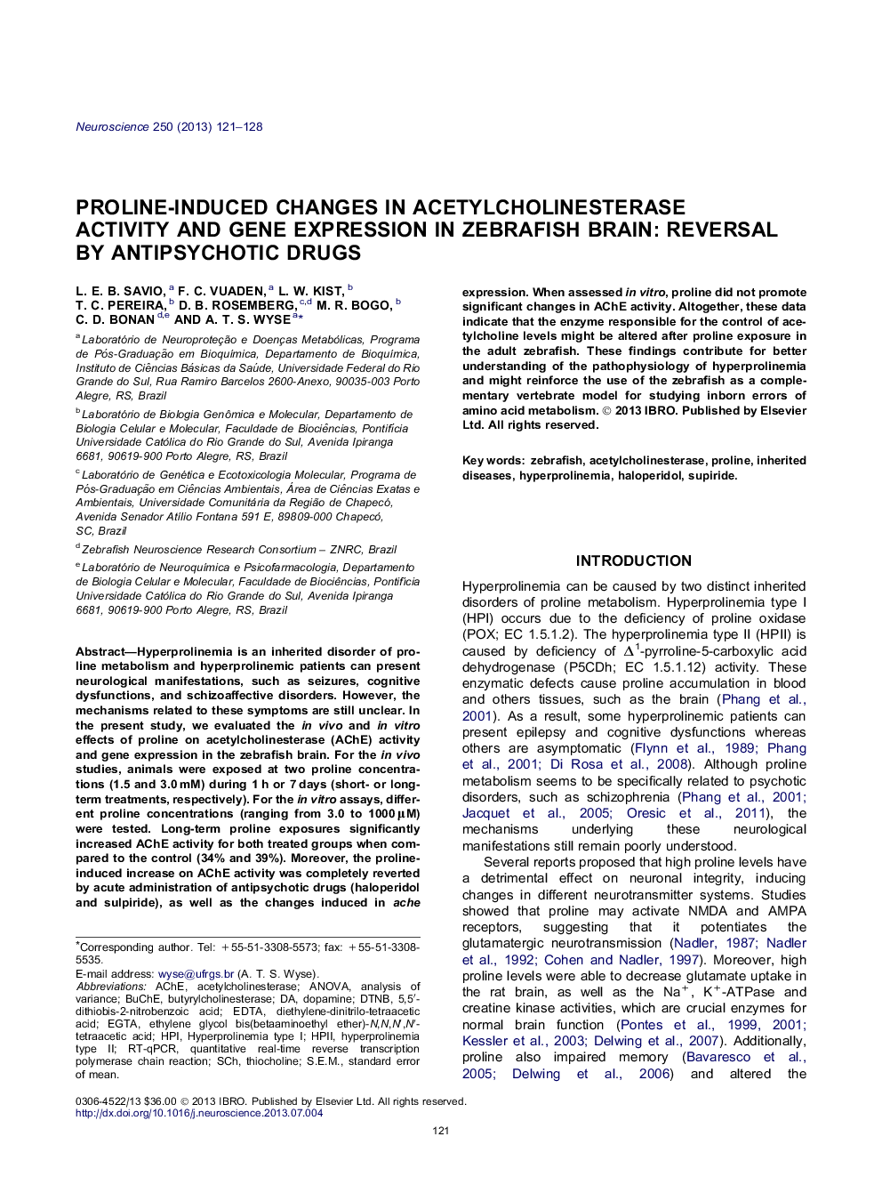 Proline-induced changes in acetylcholinesterase activity and gene expression in zebrafish brain: Reversal by antipsychotic drugs