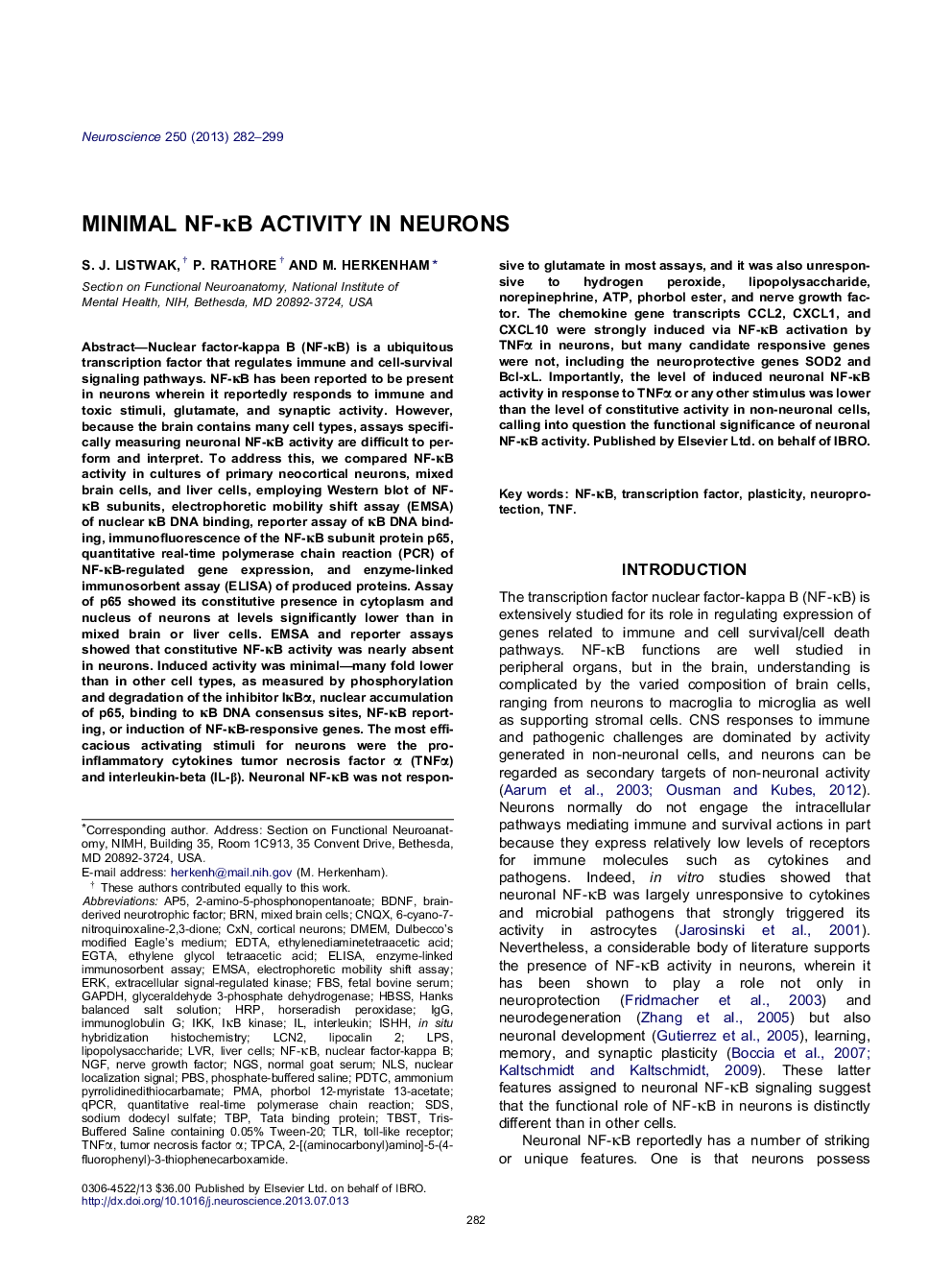 Minimal NF-ÎºB activity in neurons