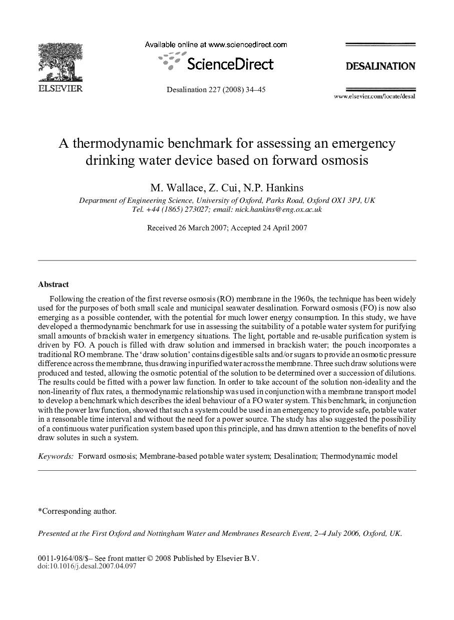 A thermodynamic benchmark for assessing an emergency drinking water device based on forward osmosis