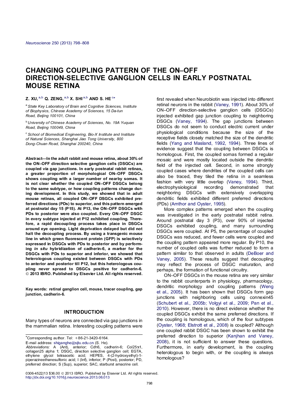 Changing coupling pattern of The ON-OFF direction-selective ganglion cells in early postnatal mouse retina