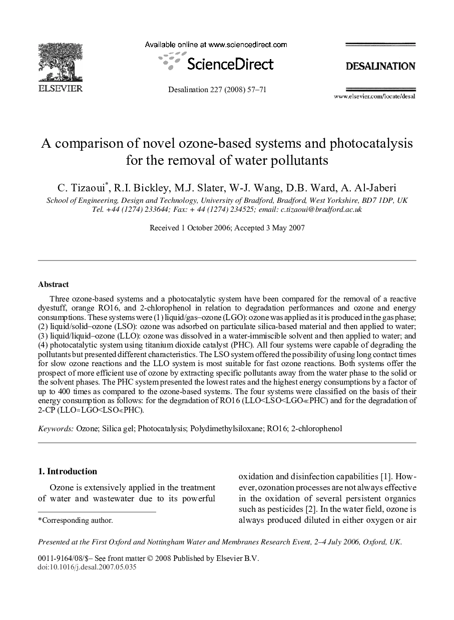 A comparison of novel ozone-based systems and photocatalysis for the removal of water pollutants