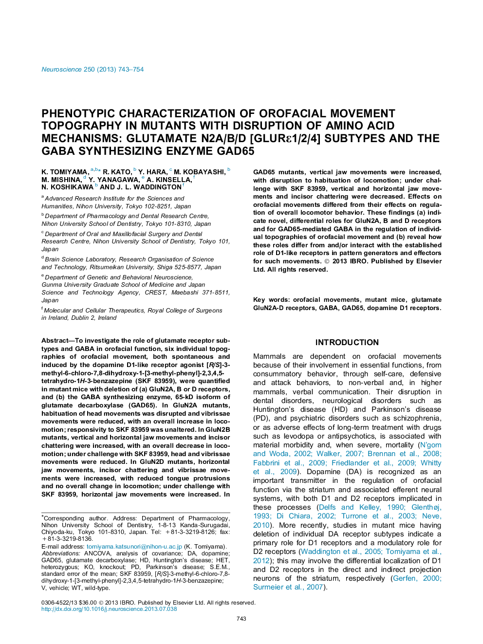 Phenotypic characterization of orofacial movement topography in mutants with disruption of amino acid mechanisms: Glutamate N2A/B/D [GluRÎµ1/2/4] subtypes and the GABA synthesizing enzyme GAD65