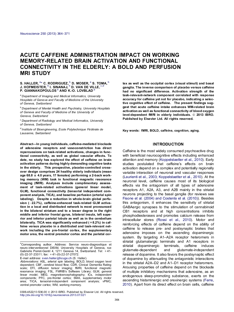 Acute caffeine administration impact on working memory-related brain activation and functional connectivity in the elderly: A BOLD and perfusion MRI study