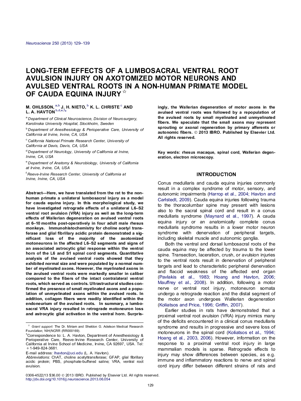 Long-term effects of a lumbosacral ventral root avulsion injury on axotomized motor neurons and avulsed ventral roots in a non-human primate model of cauda equina injury