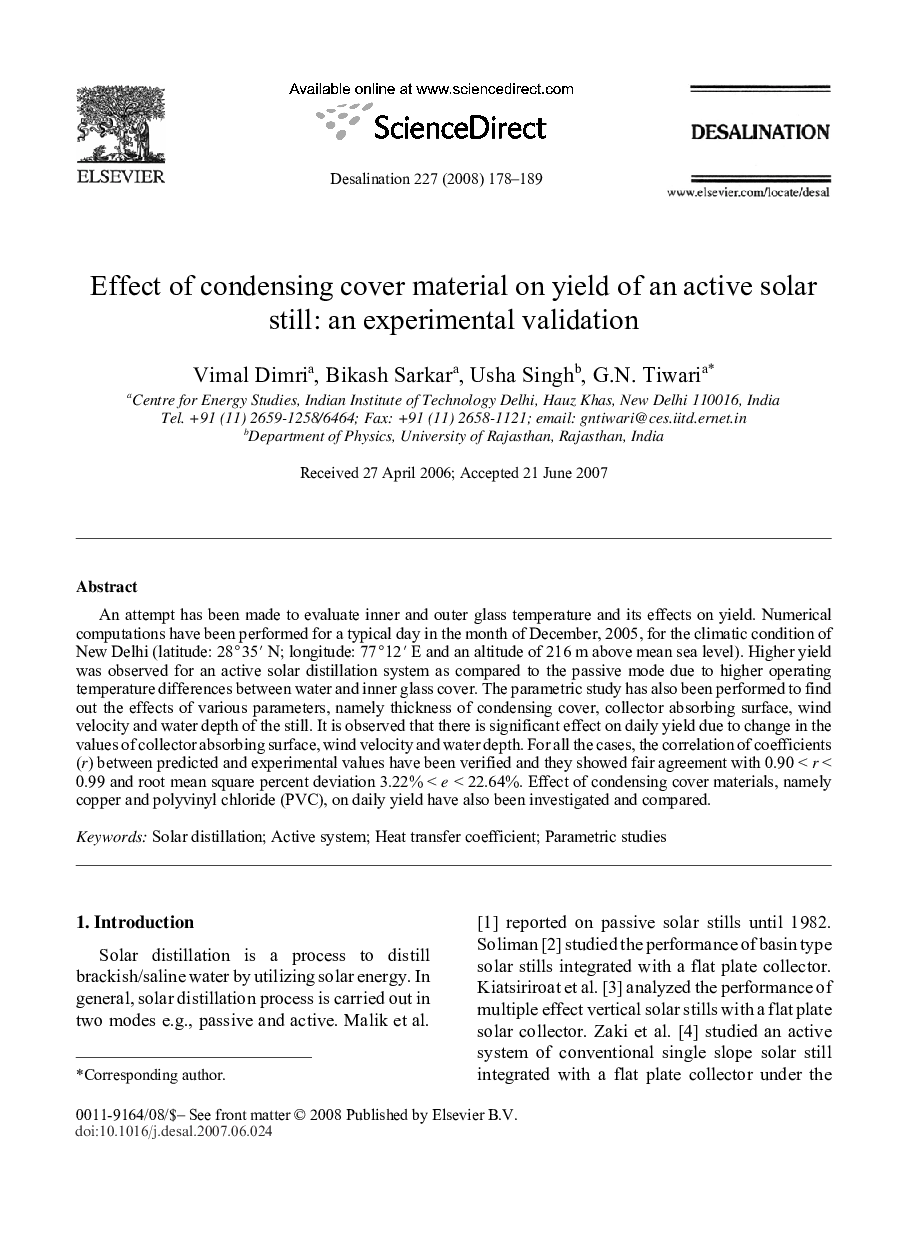 Effect of condensing cover material on yield of an active solar still: an experimental validation