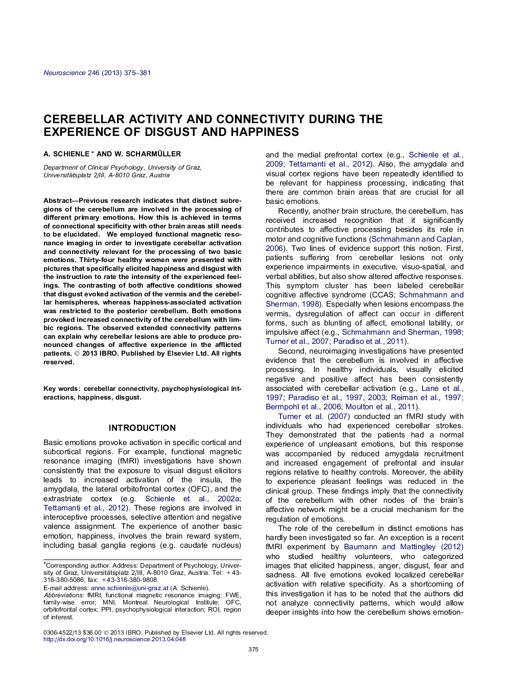 Cerebellar activity and connectivity during the experience of disgust and happiness